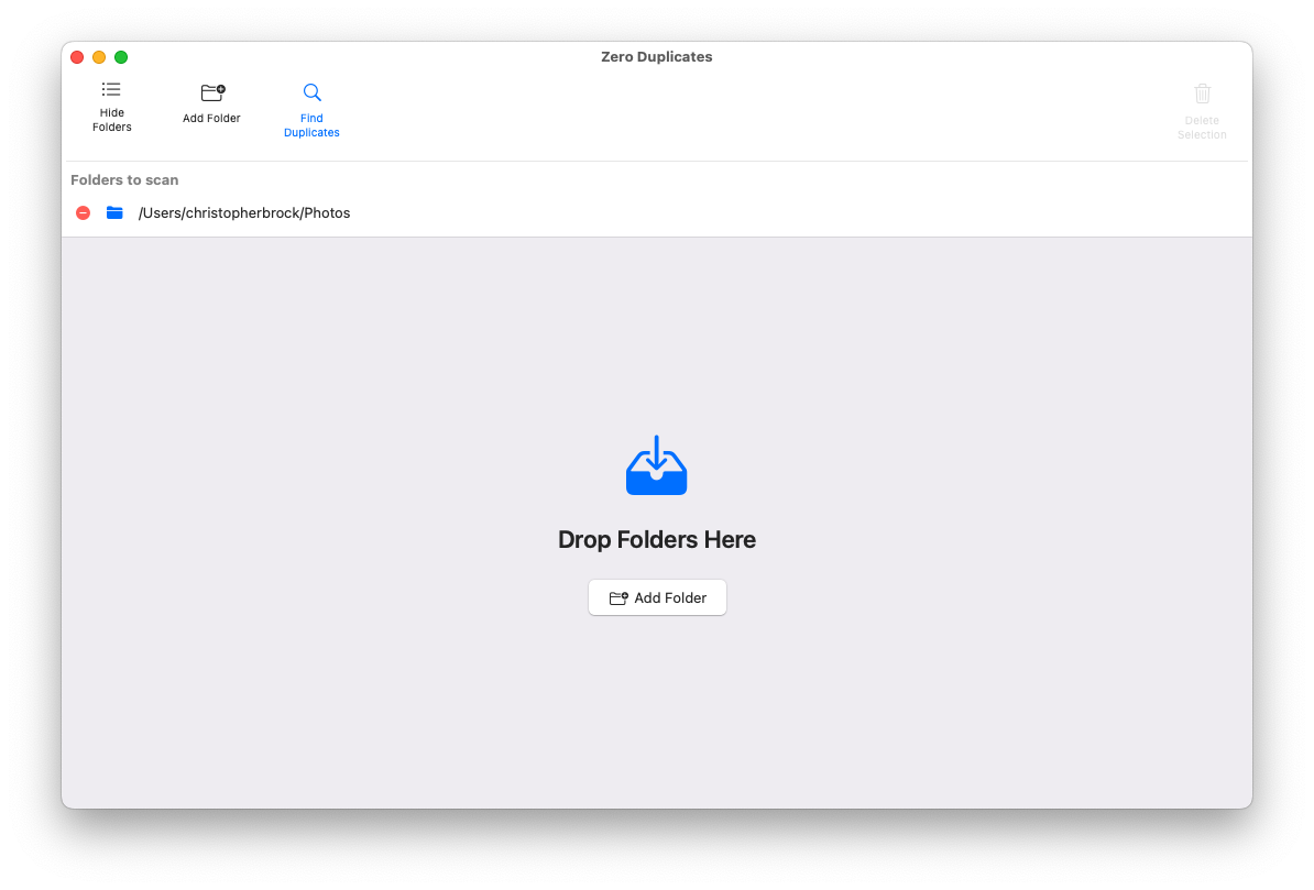 Screenshot showing how to add folders in Zero Duplicates