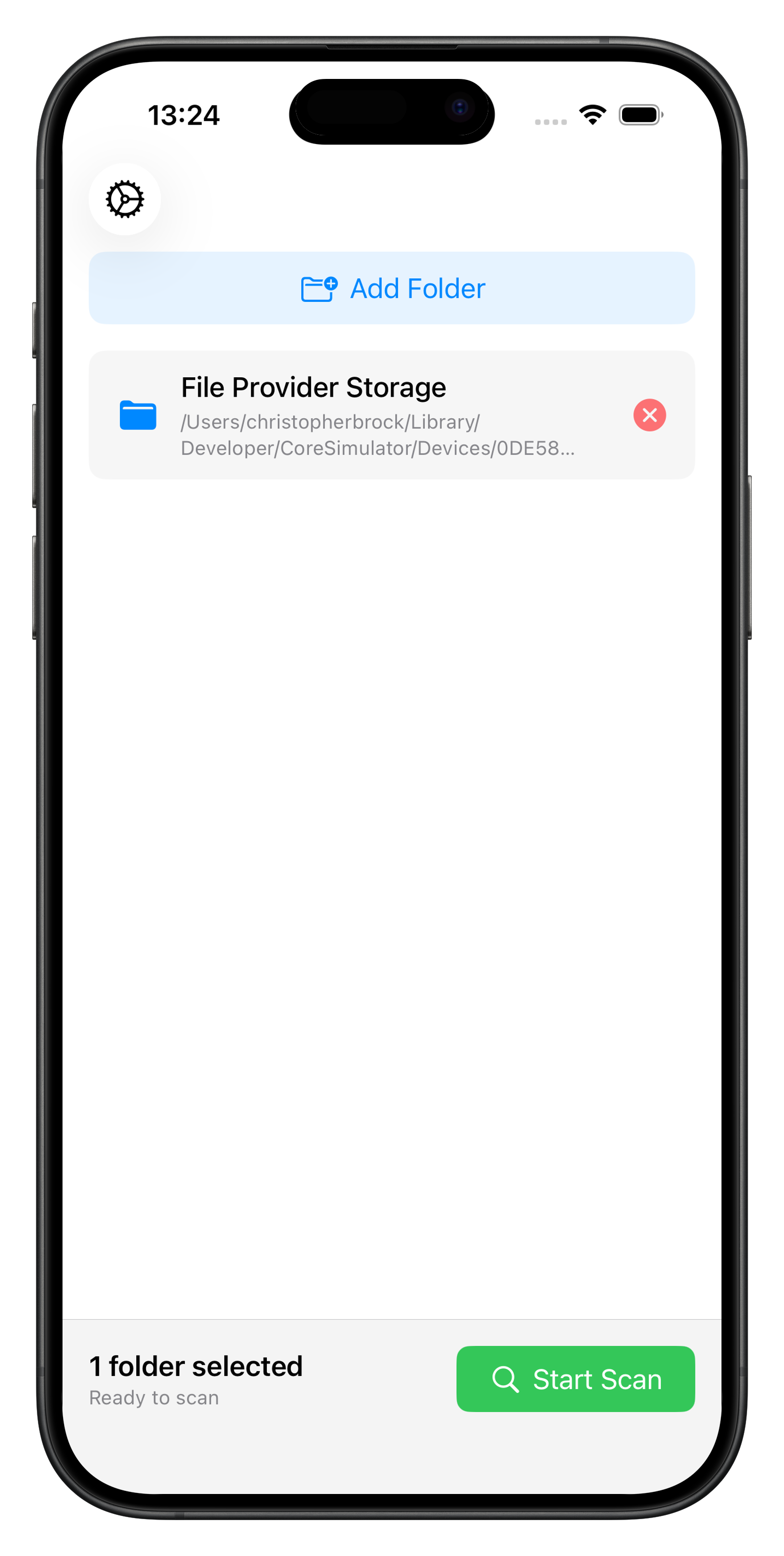 Mockup do iPhone 15 Pro Max mostrando interface principal do Zero Duplicates com varredura de arquivos duplicados