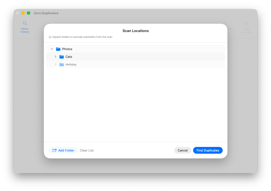 Boîte de dialogue des emplacements d'analyse avec dossiers et sous-dossiers exclus