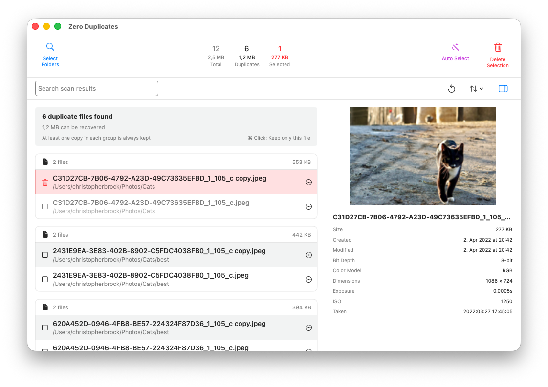 Liste des résultats de fichiers en double avec aperçu sur Mac