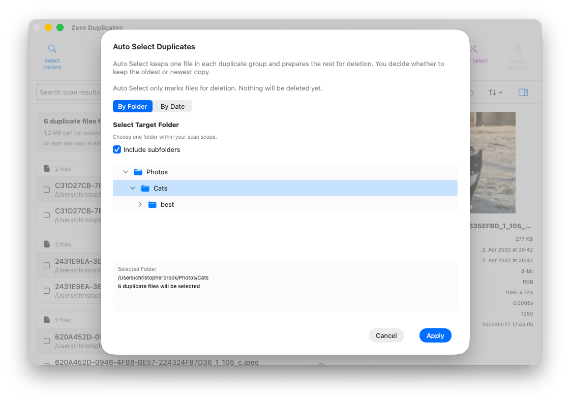Boîte de dialogue Auto Select by Folder sur Mac