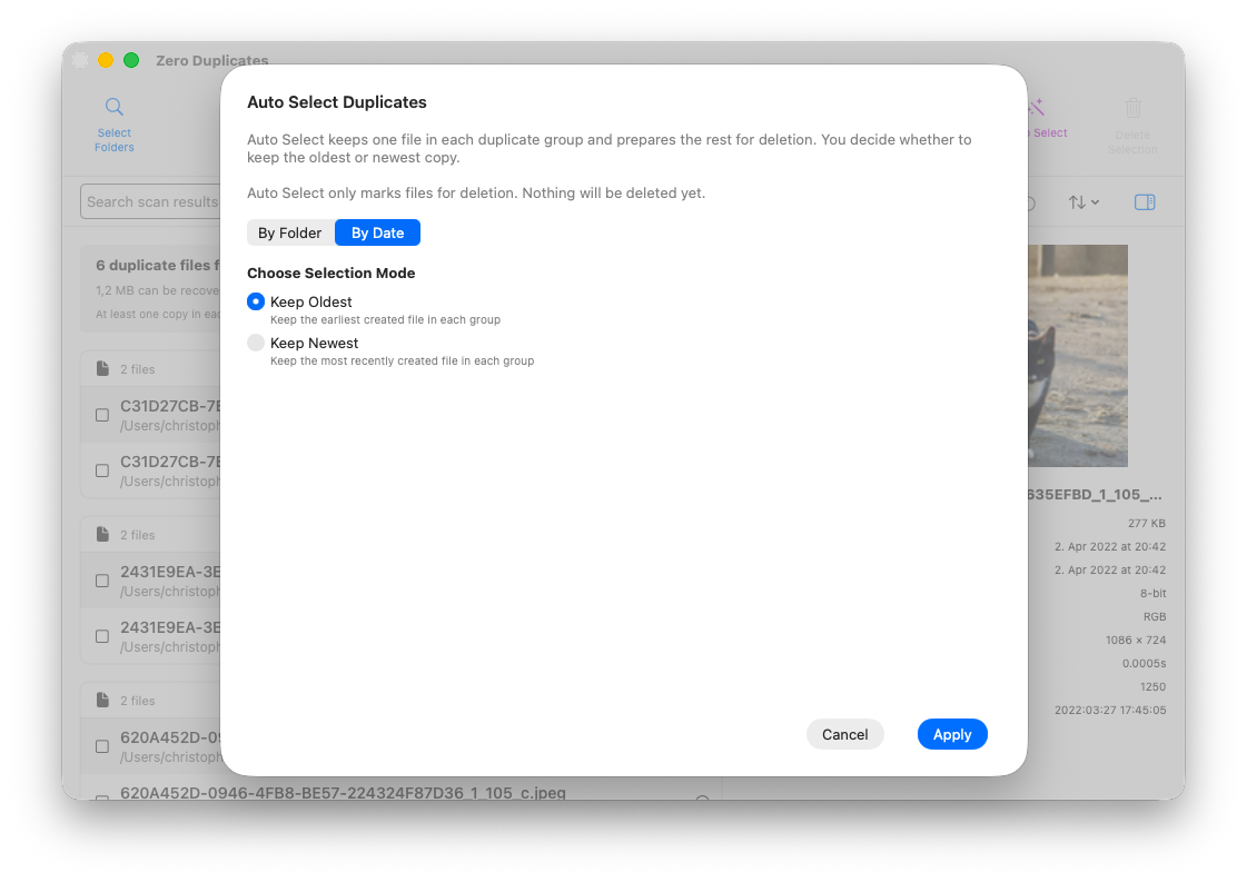 Boîte de dialogue Auto Select by Date avec option pour conserver le plus ancien