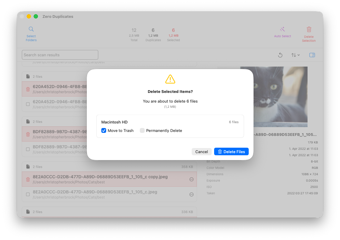 Boîte de dialogue de confirmation avec déplacement vers la corbeille ou suppression définitive
