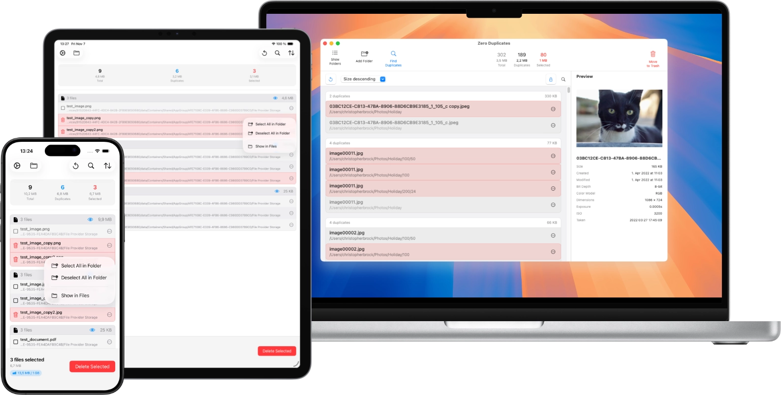MacBook, iPad et iPhone affichant des interfaces de nettoyage des fichiers en double