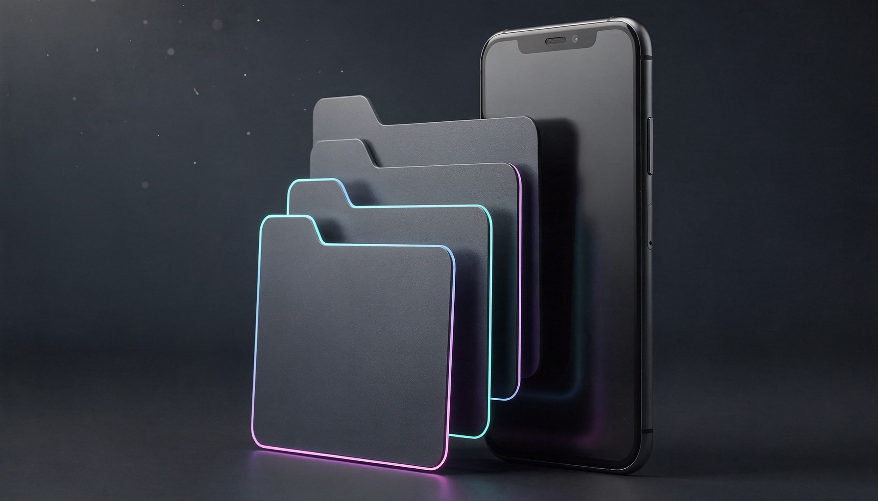 Illustration conceptuelle d'un iPhone avec une pile de formes de documents en éventail à côté, deux cartes de fichiers identiques qui brillent comme une paire de doublons détectée