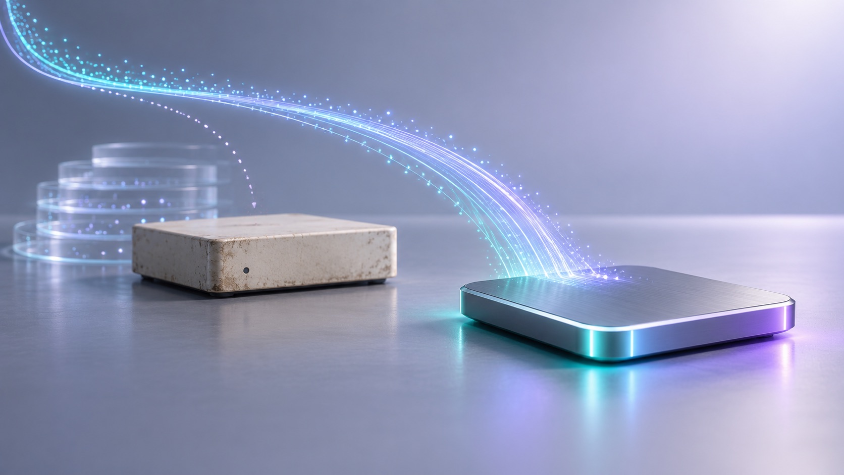 古く色あせたTime Capsule風のベースステーションと、輝く最新の外付けSSDを並べた落ち着いたイラスト。MacからSSDへ淡い光の粒子が流れ、旧機器の背後にある薄いガラスの層が保存されたバックアップ履歴を表しています。